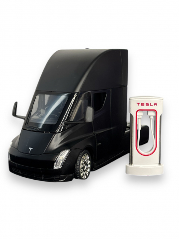 Macheta Tesla Semi-Trailer Truck Head, cu Statie de Incarcare, din Metal, cu Lumini si Sunete realistice de Motor si Alarma, cu Functie Pull-Back, cu Functie de Deschidere a Usilor - Negru [10]