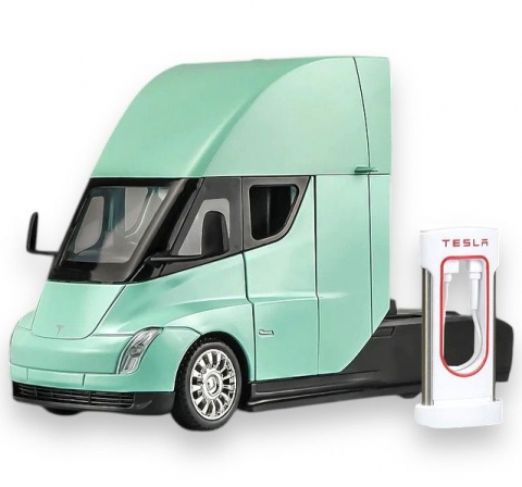 Macheta Tesla Semi-Trailer Truck Head, cu Statie de Incarcare, din Metal, cu Lumini si Sunete realistice de Motor si Alarma, cu Functie Pull-Back, cu Functie de Deschidere a Usilor - Verde [0]