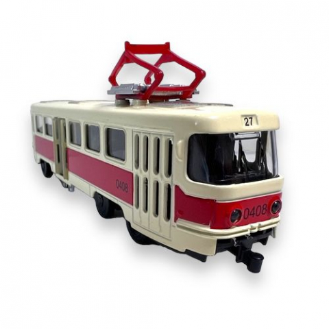Automachete - Macheta Tramvai cu Sunete, Metal, Lumini, Functie Pull-Back, 16.5 cm - Rosu