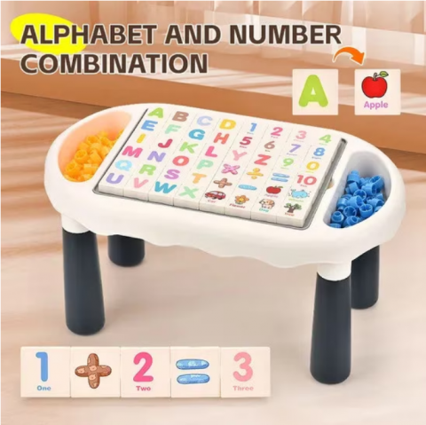 Masa Interactiva DIY cu Puzzle si Blocuri de Constructie – Include 48 Piese de Asamblare, Tabla de Scris cu 2 Creioane, Placa de Constructie, Joc Gobang cu 100 Piese, Abtibilduri [4]