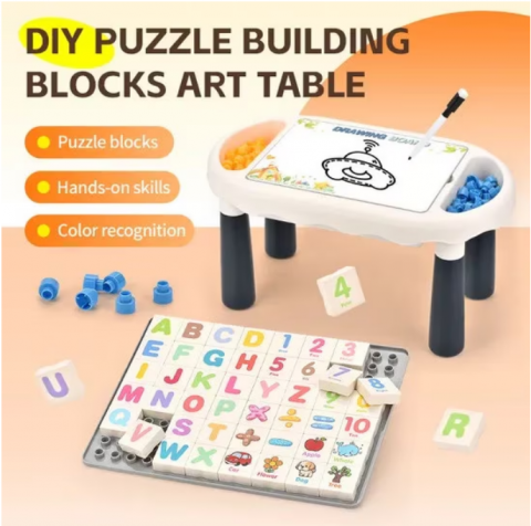 Masa Interactiva DIY cu Puzzle si Blocuri de Constructie – Include 48 Piese de Asamblare, Tabla de Scris cu 2 Creioane, Placa de Constructie, Joc Gobang cu 100 Piese, Abtibilduri [2]