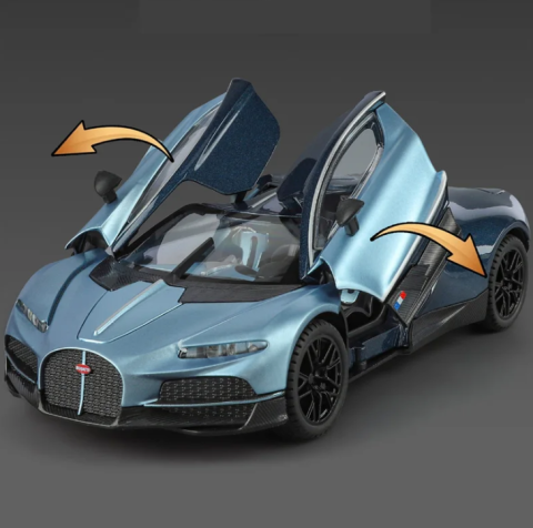 Masina din Metal Bugatti Tourbillon V16, 20 cm, Functie Pull Back, Usile Deschizabile si Spoiler Mobil, Lumini si Sunete, Automacheta Hypercar [5]