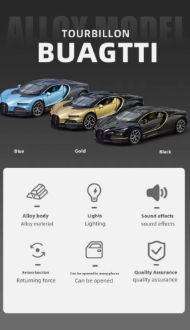 Masina din Metal Bugatti Tourbillon V16, 20 cm, Functie Pull Back, Usile Deschizabile si Spoiler Mobil, Lumini si Sunete, Automacheta Hypercar [14]