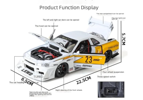 Masina din Metal Nissan Skyline GT-R R34 1:24 Fast & Furious, 20 cm, Se Deschide Complet, Lumini si Sunete, Claxon Realist [3]