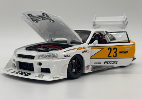 Masina din Metal Nissan Skyline GT-R R34 1:24 Fast & Furious, 20 cm, Se Deschide Complet, Lumini si Sunete, Claxon Realist [7]