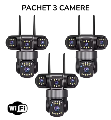 Camere de Supraveghere - Set 3x Camere Supraveghere WiFi, 9MP, 3 Camere, Rotire 360°, Zoom Digital 10X, Detectare Miscare, Comunicare Bidirectionala, Proiector LED Lumini, Viziune Nocturna, Protectie IP66