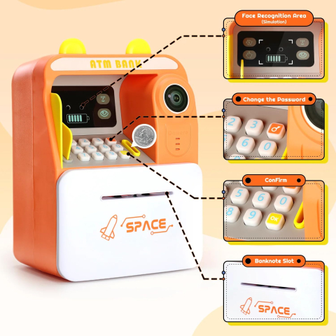 Pusculiță Electronică Tip Bancomat ATM cu Citire Card și Simulare Recunoaștere Facială, Schimbare Parolă, Slot pentru Bancnote – 25 x 17 x 12 cm [1]