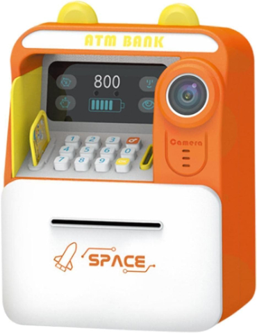 Jucarii interactive copii - Pusculiță Electronică Tip Bancomat ATM cu Citire Card și Simulare Recunoaștere Facială, Schimbare Parolă, Slot pentru Bancnote – 25 x 17 x 12 cm