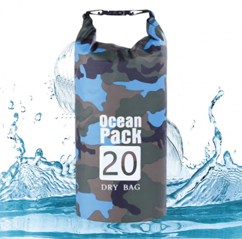 Articole & Accesorii de Plaja - Sac Etanș Ocean Pack 20L Camo – 100% Impermeabil, Protecție Contra Apelor, Nisipului și Prafului, Curea Reglabilă Inclusă