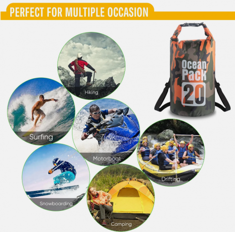 Sac Etanș Ocean Pack 20L Camo – 100% Impermeabil, Protecție Contra Apelor, Nisipului și Prafului, Curea Reglabilă Inclusă [2]
