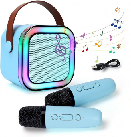 Microfoane - Set 2 Microfoane Karaoke cu Boxa Portabila, Culori LED, Wireless, Bluetooth, Efecte Vocale, Mp3 - Albastru
