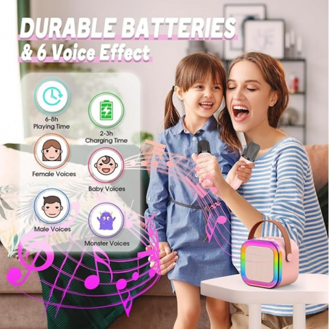 Set 2 Microfoane Karaoke cu Boxa Portabila, Culori LED, Wireless, Bluetooth, Efecte Vocale, Mp3 [3]