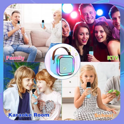 Set 2 Microfoane Karaoke cu Boxa Portabila, Culori LED, Wireless, Bluetooth, Efecte Vocale, Mp3 - Albastru [1]