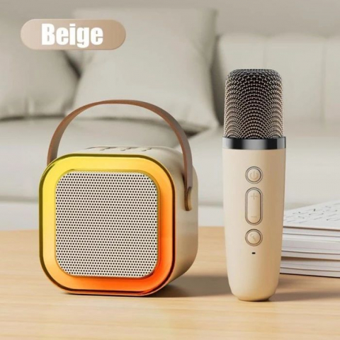 Set 2 Microfoane Karaoke cu Boxa Portabila, Culori LED, Wireless, Bluetooth, Efecte Vocale, Mp3 - Crem [9]
