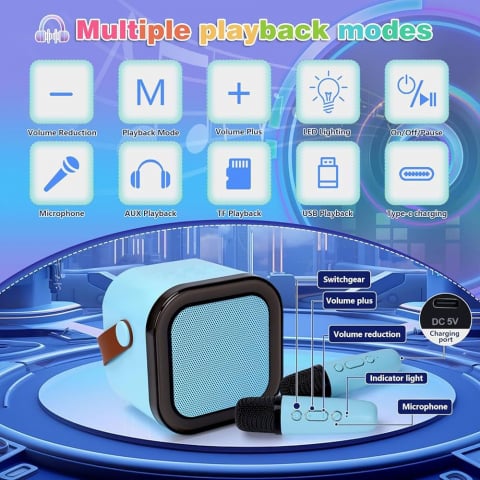 Set 2 Microfoane Karaoke cu Boxa Portabila, Culori LED, Wireless, Bluetooth, Efecte Vocale, Mp3 - Albastru [9]