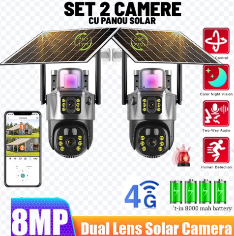 Camere de Supraveghere - Set 2x Cameră de Supraveghere Cu Panou Solar 8 MP, V380 Pro, Functionalitate Cartela SIM 4G, cu Panou Solar, 4K Ultra HD, Control prin App Store & Google Play, Vedere Nocturna, Rezistenta la Apa, Clou