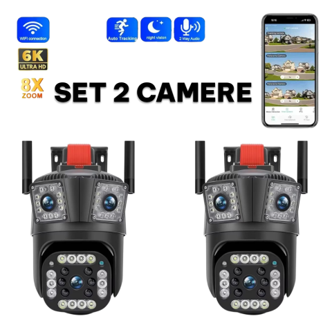 Camere de Supraveghere - Set 2x Camera de Supraveghere Smart V380 PRO – 2 Camere (1 Rotativă 360°/180° si 1 Fixa), 12MP, LED cu Sirenă, WiFi 2.4G, Infrarosu, TF Card până la 64GB, Conectare prin Aplicația "V380 PRO", Cablu LA