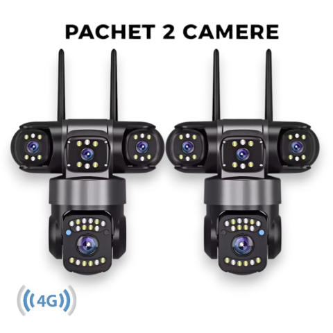 Camere de Supraveghere - Set 2x Camera Supraveghere 4G cu Cartela SIM, 9MP, 3 Camere, Rotire 360°, Zoom Digital 10X, Detectare Miscare, Comunicare Bidirectionala, Proiector LED Lumini, Viziune Nocturna, Protectie IP66