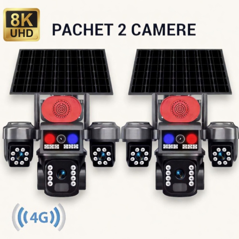 Camere de Supraveghere - Set 2x Camera Supraveghere 4G cu Panou Solar Tip Crocodil, 3 Camere rotative 720°, 15 MP (5 + 5 + 5MP), 8K UHD, Panou Solar Monocristalin, Viziune Nocturna, Detectare Umana, Zoom 10X Digital, Functie
