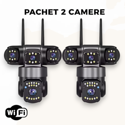 Camere de Supraveghere - Set 2x Camera Supraveghere WiFi, 9MP, 3 Camere, Rotire 360°, Zoom Digital 10X, Detectare Miscare, Comunicare Bidirectionala, Proiector LED Lumini, Viziune Nocturna, Protectie IP66
