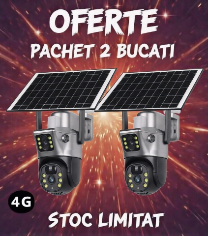 Camere de Supraveghere - Set 2x Camere de Supraveghere Cu Panou Solar 8 MP, V380 Pro, Functionalitate Cartela SIM 4G, cu Panou Solar, 4K Ultra HD, Control prin App Store & Google Play, Vedere Nocturna, Rezistenta la Apa, Clou