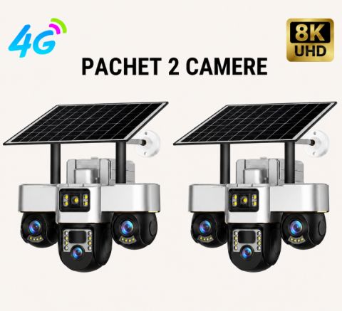 Camere de Supraveghere - Set 2x Camere de Supraveghere cu Panou Solar, Conexiune 4G, 15MP, Vedere pe Timp de Noapte, Detectare Miscare, Comunicare Bidirectionala, V380 Pro, Zoom 10X, 3 Lentile 360° PTZ
