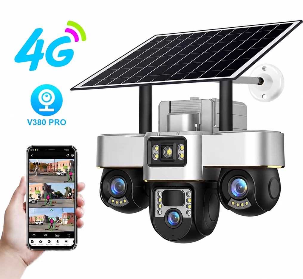 Set 2x Camere de Supraveghere cu Panou Solar, Conexiune 4G, 15MP, Vedere pe Timp de Noapte, Detectare Miscare, Comunicare Bidirectionala, V380 Pro, Zoom 10X, 3 Lentile 360° PTZ [10]