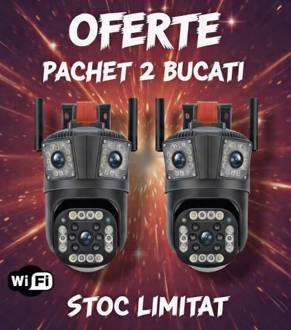 Camere de Supraveghere - Set 2x Camere de Supraveghere WIFI Smart V380 PRO – 2 Camere (1 Rotativă 360°/180° si 1 Fixa), 12MP, LED cu Sirenă, WiFi 2.4G, Infrarosu, TF Card până la 64GB, Conectare prin Aplicația "V380 PRO"