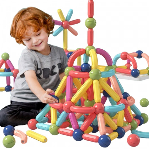 Seturi Magnetice de Construit - Set de Constructie Magnetic cu Bastoane, Tije si Bile, 70 Piese