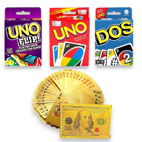 Set Joc de Societate UNO, UNO Flip, DOS + Set Carti de Joc, din Plastic, Model - Bancnote Aurii [0]