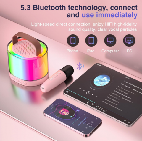 Sistem Karaoke Portabil cu 2 Microfoane Wireless, Boxă Bluetooth cu Lumini Ambientale, Compatibil TF/AUX [6]