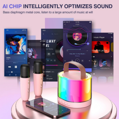 Sistem Karaoke Portabil cu 2 Microfoane Wireless, Boxă Bluetooth cu Lumini Ambientale, Compatibil TF/AUX [4]