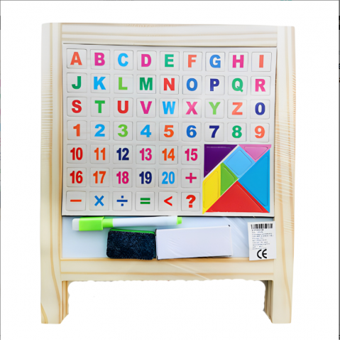 Tabla Educativa Magnetica Montessori 2 Fete si Stativ, cu Alfabet, Cifre, Tangram si Semne de Calcul, Multicolor, Lemn, 32 x 27 cm, 64 Piese [0]