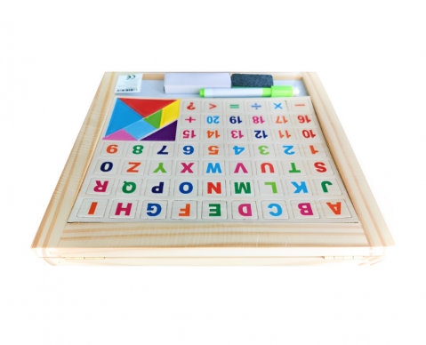 Tabla Educativa Magnetica Montessori 2 Fete si Stativ, cu Alfabet, Cifre, Tangram si Semne de Calcul, Multicolor, Lemn, 32 x 27 cm, 64 Piese [2]