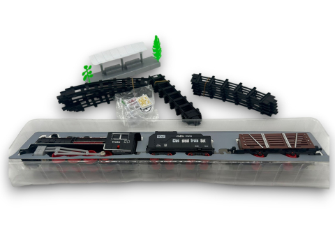 Set Tren Electric cu Șine și Accesorii, Locomotivă 19 cm, Lumini și Sunete, 2 Vagoane, Gară și Semne Incluse [2]