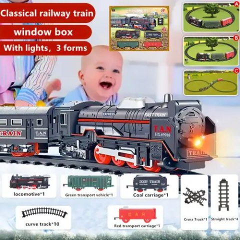 Set Tren Electric cu Șine și Accesorii, Locomotivă 19 cm, Lumini și Sunete, 2 Vagoane, Gară și Semne Incluse [1]