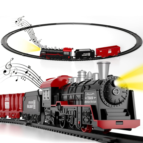 Trenulete de jucarie - Set Tren Electric cu Șine și Accesorii, Locomotivă 19 cm, Lumini și Sunete, 2 Vagoane, Gară și Semne Incluse