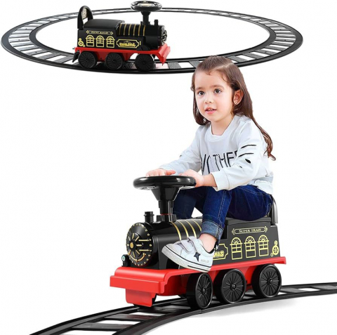 Trenulet de Condus, cu Sina de 2.20m, cu Spatar pentru Protectie, cu Sunete pentru Locomotiva, Multiple Functii Interactive, Spatiu de Depozitare, Accesorii Anti-Rasturnare [10]