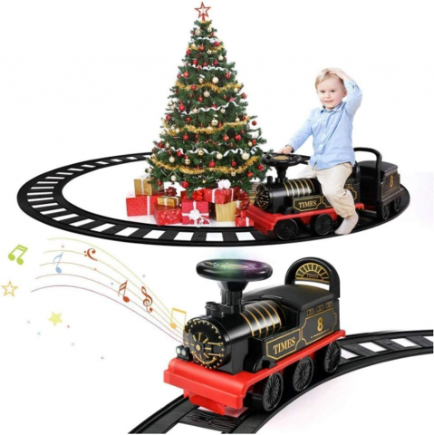 Trenulet de Condus, cu Sina de 2.20m, cu Spatar pentru Protectie, cu Sunete pentru Locomotiva, Multiple Functii Interactive, Spatiu de Depozitare, Accesorii Anti-Rasturnare [0]