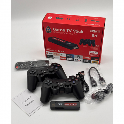 TV Stick Android 8K Ultra HD + HDR + Consola de Jocuri Retro & Moderne – Google Assistant, Chromecast, 10.000+ Jocuri, 2 Joystick-uri Wireless, Telecomanda cu Functie Mouse, HDMI, Netflix, YouTube [12]