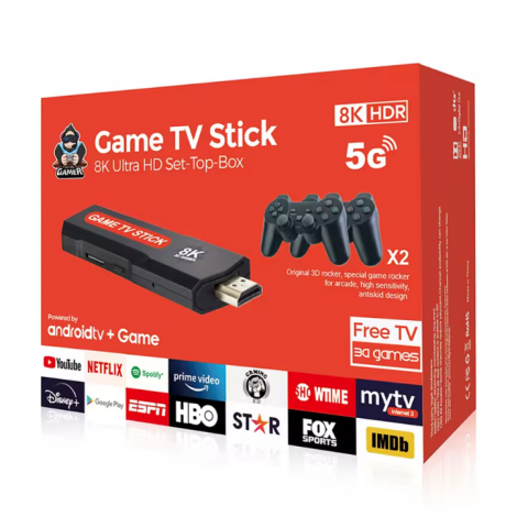 TV Stick Android 8K Ultra HD + HDR + Consola de Jocuri Retro & Moderne – Google Assistant, Chromecast, 10.000+ Jocuri, 2 Joystick-uri Wireless, Telecomanda cu Functie Mouse, HDMI, Netflix, YouTube [10]
