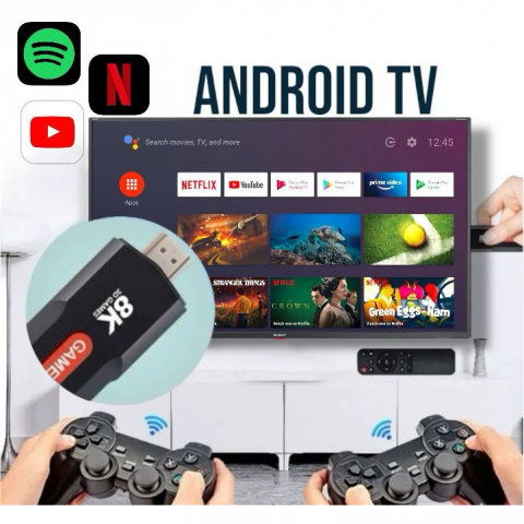 TV Stick Android 8K Ultra HD + HDR + Consola de Jocuri Retro & Moderne – Google Assistant, Chromecast, 10.000+ Jocuri, 2 Joystick-uri Wireless, Telecomanda cu Functie Mouse, HDMI, Netflix, YouTube [1]