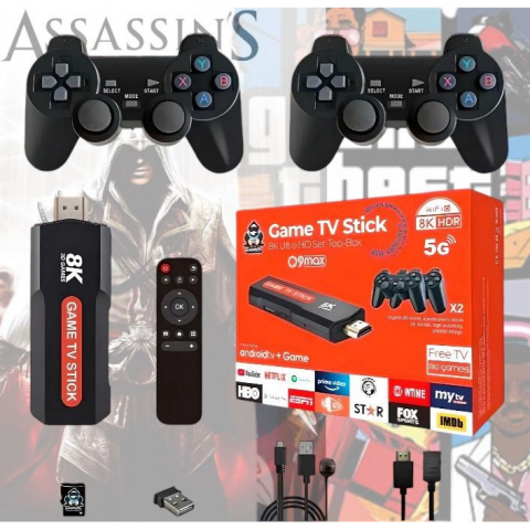 TV Stick Android 8K Ultra HD + HDR + Consola de Jocuri Retro & Moderne – Google Assistant, Chromecast, 10.000+ Jocuri, 2 Joystick-uri Wireless, Telecomanda cu Functie Mouse, HDMI, Netflix, YouTube [0]