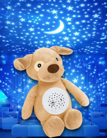 Jucarii de plus - Ursuleț și Cățel Muzical cu Proiecție de Stele, 25 cm, Lumină si Muzica Calda, Funcționează pe Baterii