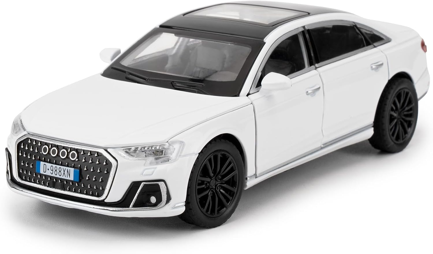 Automacheta Audi A8, din Metal - 15cm, Sunete și Lumină, Elemente Mobile, Funcție Pull Back, Detalii Realiste Alb