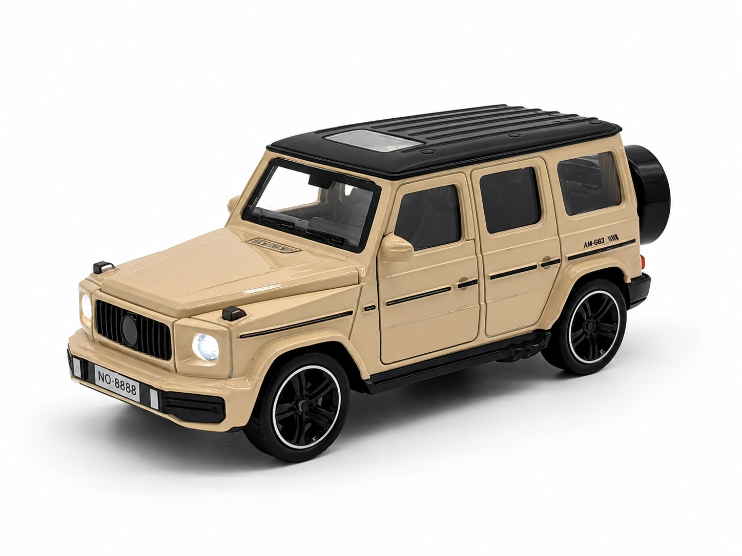 Automachetă Mercedes G-Class din Metal, 1:32, Funcție Pull-Back, Uși și Portbagaj Deschizătoare, Faruri Funcționale, 16 cm Bej