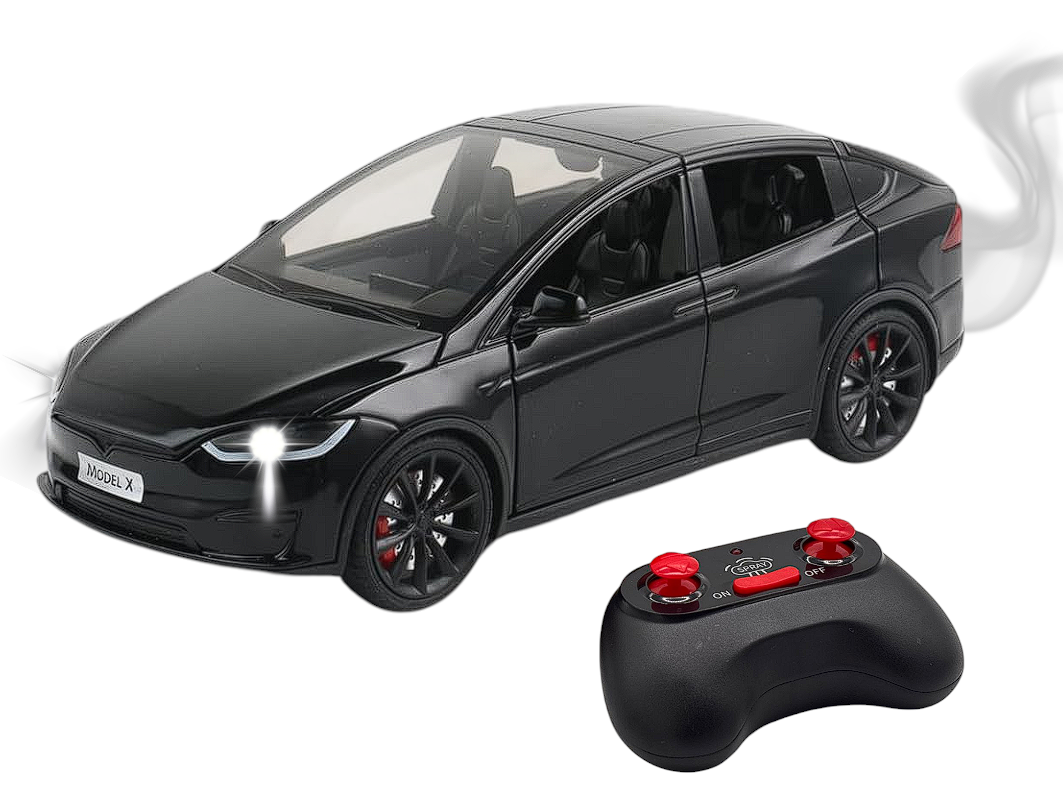 Automachetă Tesla Model X din Metal, cu Telecomandă, Fum pe Bază de Apă, Lumină și Sunet, Acumulator Inclus Negru