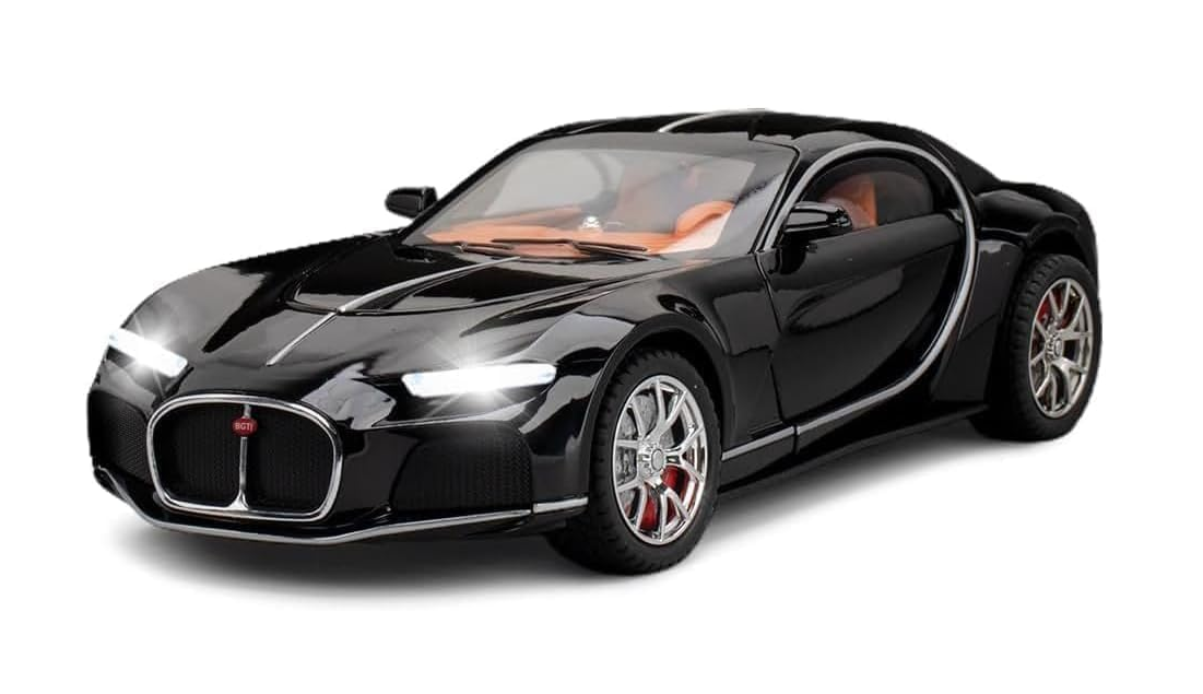 Mașină din Metal Bugatti Atlantic 1:32,Uși Deschizătoare, Lumini și Sunete, Accesoriu Valize Detașabile, 15,5 cm Negru