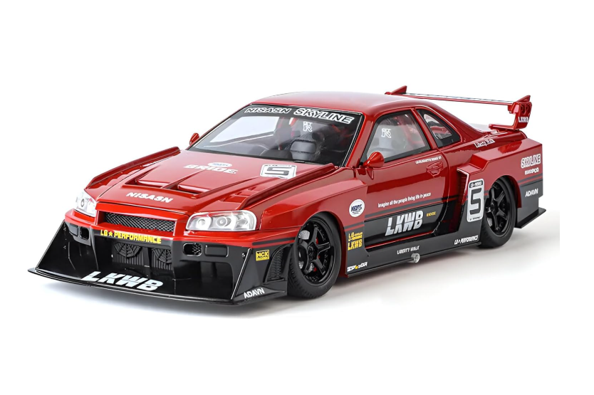 Masina din Metal Nissan Skyline GT-R R34 1:24 Fast Furious, 20 cm, Se Deschide Complet, Lumini si Sunete, Claxon Realist Rosu