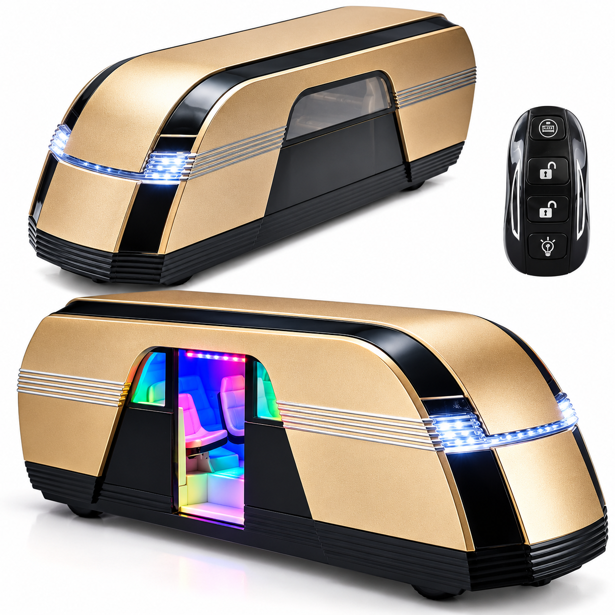 Autobuz din Metal ROBOVAN, 21 cm, Telecomandă Tip Cheie, Funcție Pullback, Uși Electrice, Lumini Multicolore și Sunete Auriu